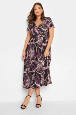 YOURS Curve Black Leaf Print Wrap Dress