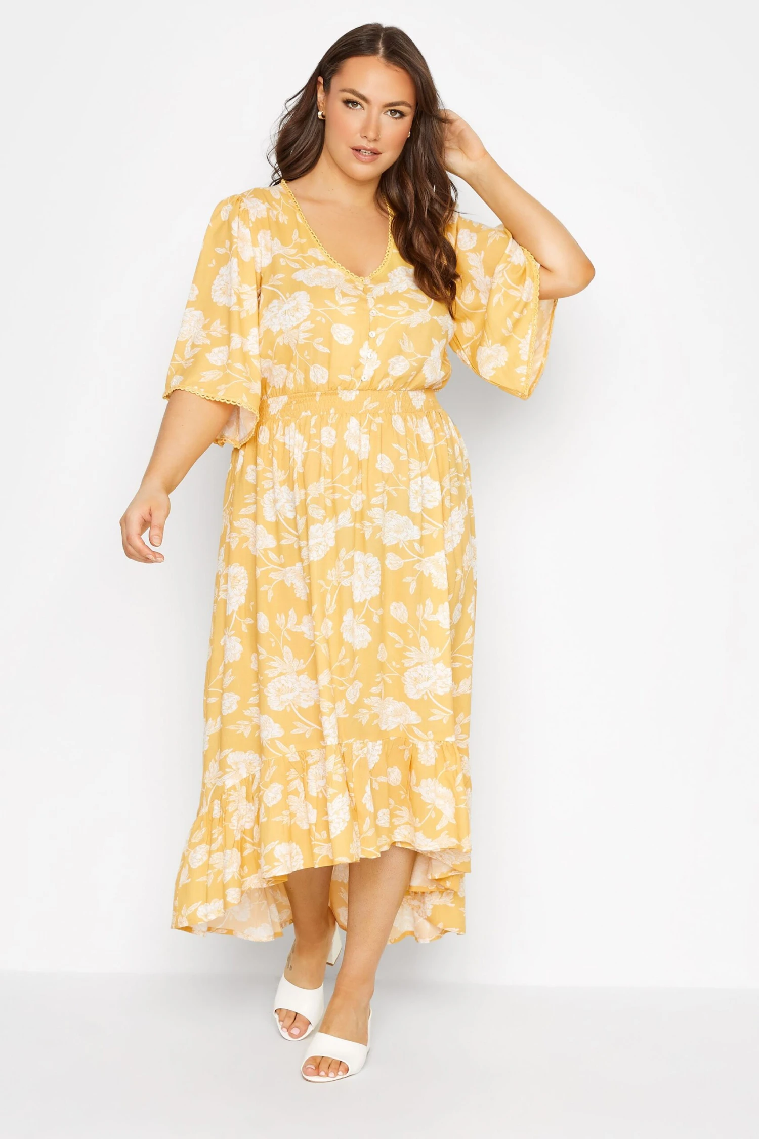 YOURS Curve Yellow Floral Print High Low Midi Dress 1 YOURS Curve Yellow Floral Print High Low Midi Dress