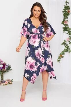 YOURS LONDON Curve Navy Blue & Purple Hanky Hem Floral Dress
