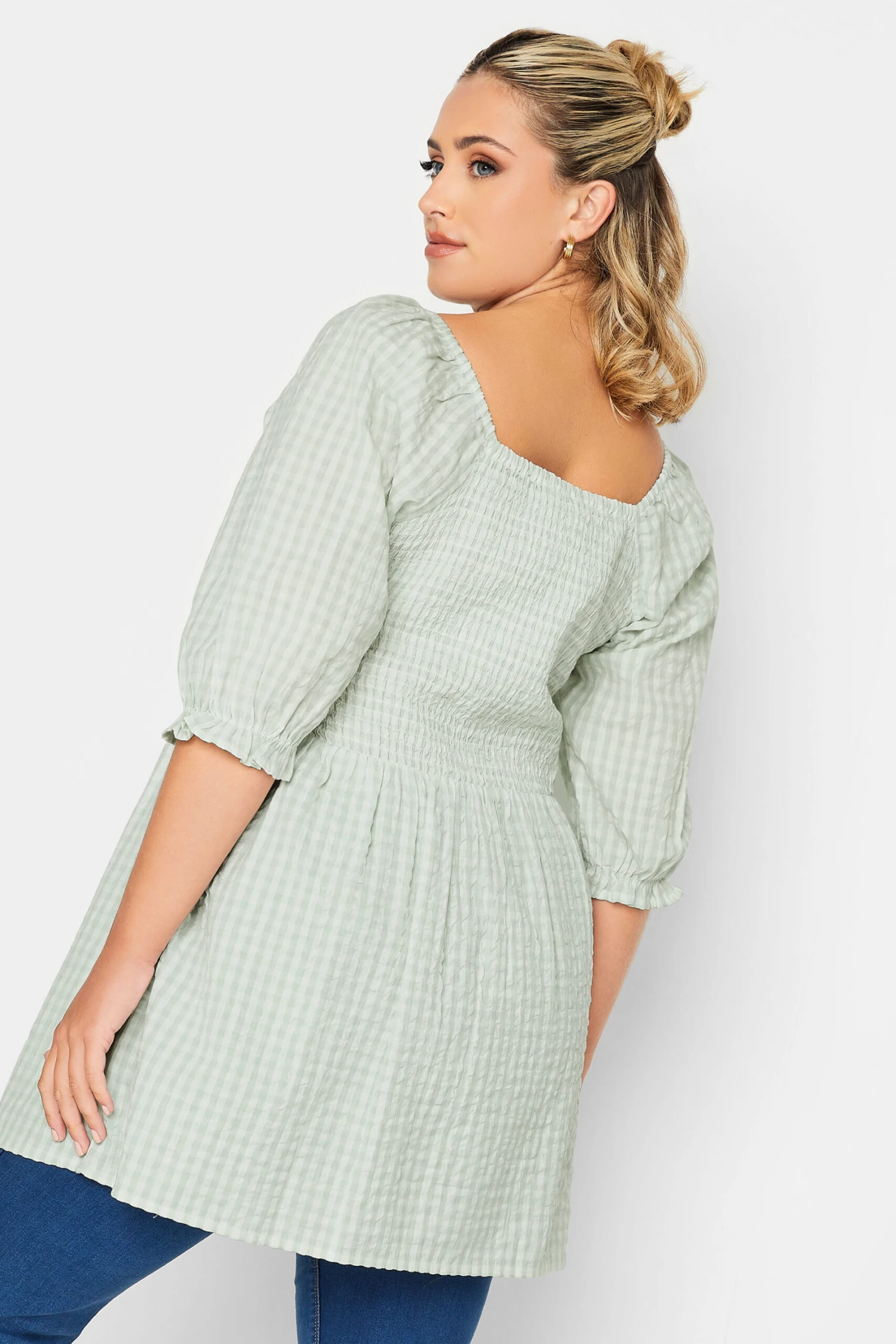 YOURS Curve Mint Green Gingham Print Square Neck Shirred Top 2 YOURS Curve Mint Green Gingham Print Square Neck Shirred Top - Image 2