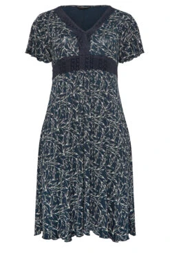 YOURS Curve Navy Blue Leaf Print Lace Detail Dress -Luna Looks Zone aecc8f08 6205 44 302046 X