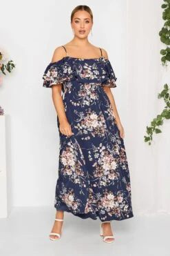 YOURS LONDON Curve Navy Blue Floral Ruffle Bardot Maxi Dress