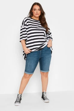 YOURS Curve Mid Blue Cat Scratch Stretch Denim Shorts