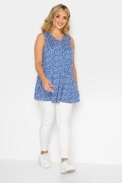 YOURS Curve Blue Floral Print Pleat Front Vest Top