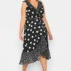 YOURS LONDON Curve Black Polka Dot Print Double Ruffle Wrap Dress