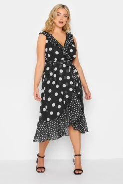 YOURS LONDON Curve Black Polka Dot Print Double Ruffle Wrap Dress