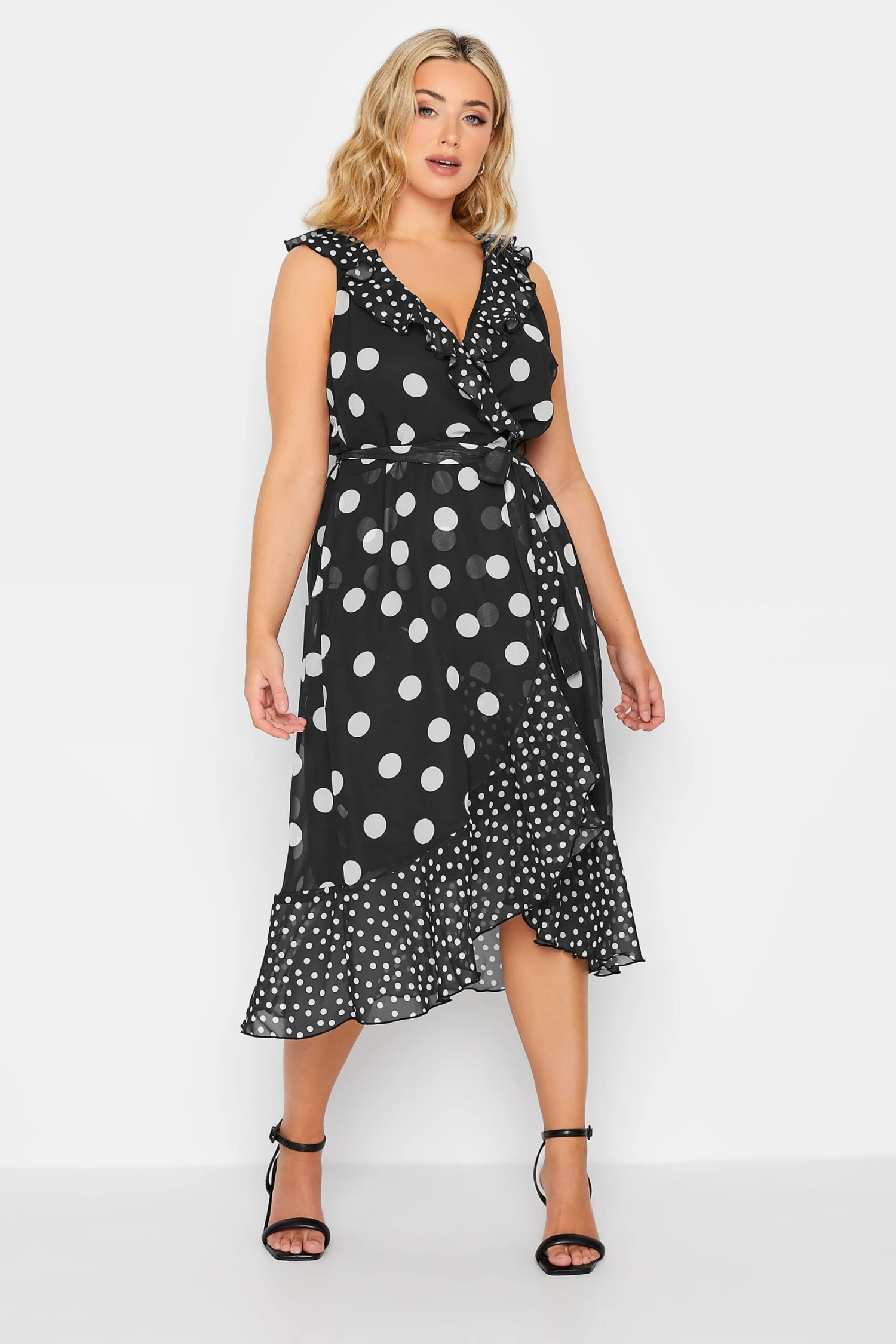 YOURS LONDON Curve Black Polka Dot Print Double Ruffle Wrap Dress 1 YOURS LONDON Curve Black Polka Dot Print Double Ruffle Wrap Dress