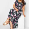 YOURS Curve Navy Blue Tropical Print Bardot Maxi Dress