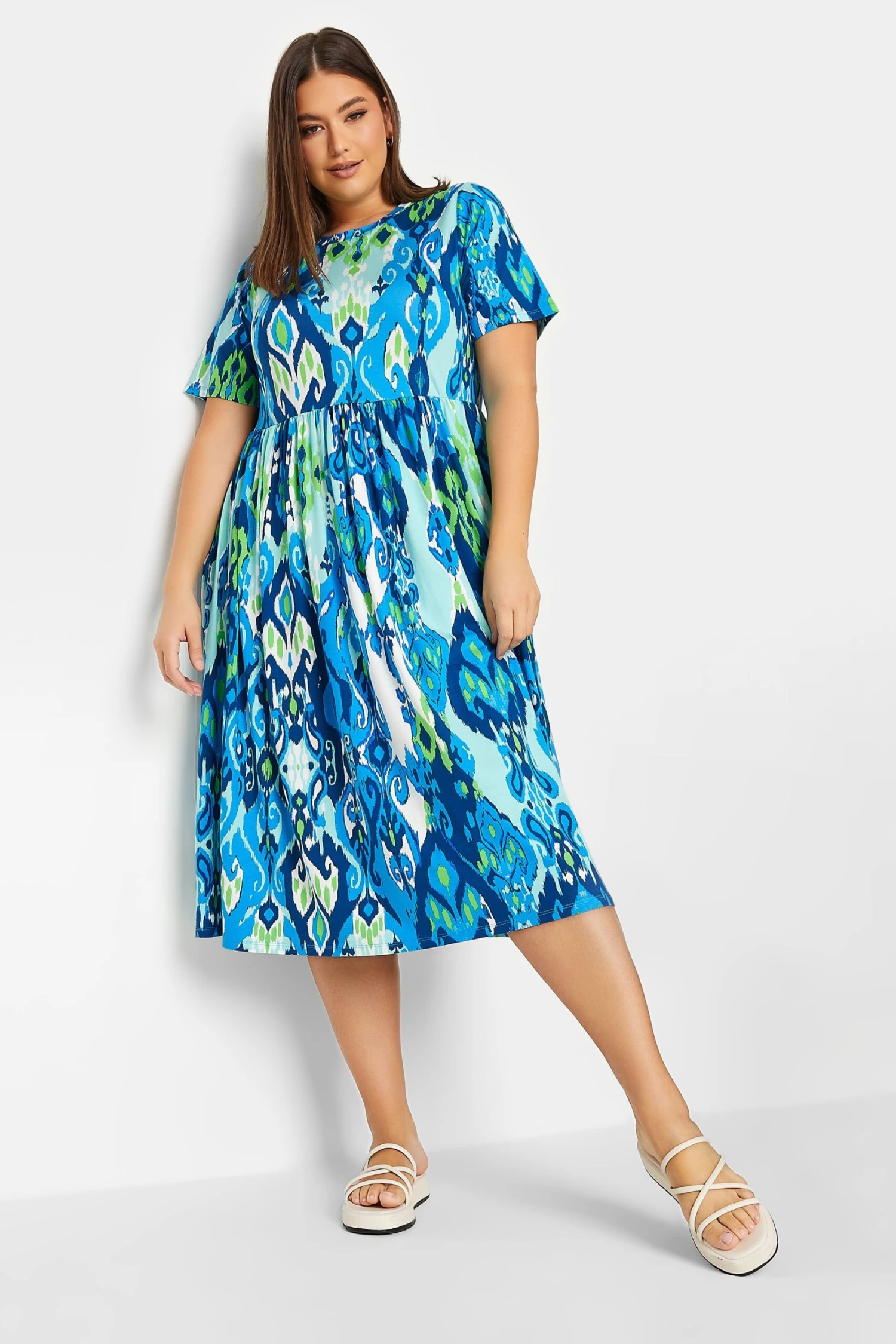 YOURS Curve Blue Abstract Print Frill Sleeve Smock Dress 2 YOURS Curve Blue Abstract Print Frill Sleeve Smock Dress - Image 2