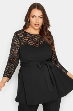 YOURS LONDON Curve Black Lace Sweetheart Peplum Top