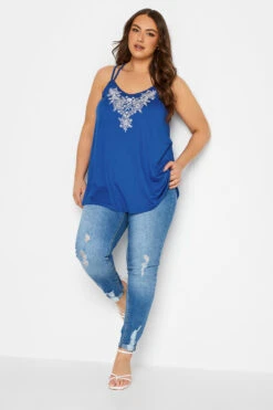 YOURS Curve Blue Embroidered Neck Vest Top