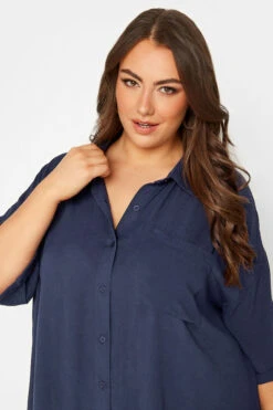 YOURS Curve Navy Blue Short Sleeve Crinkle Shirt -Luna Looks Zone b40d6bd6 66f1 40 131894 D