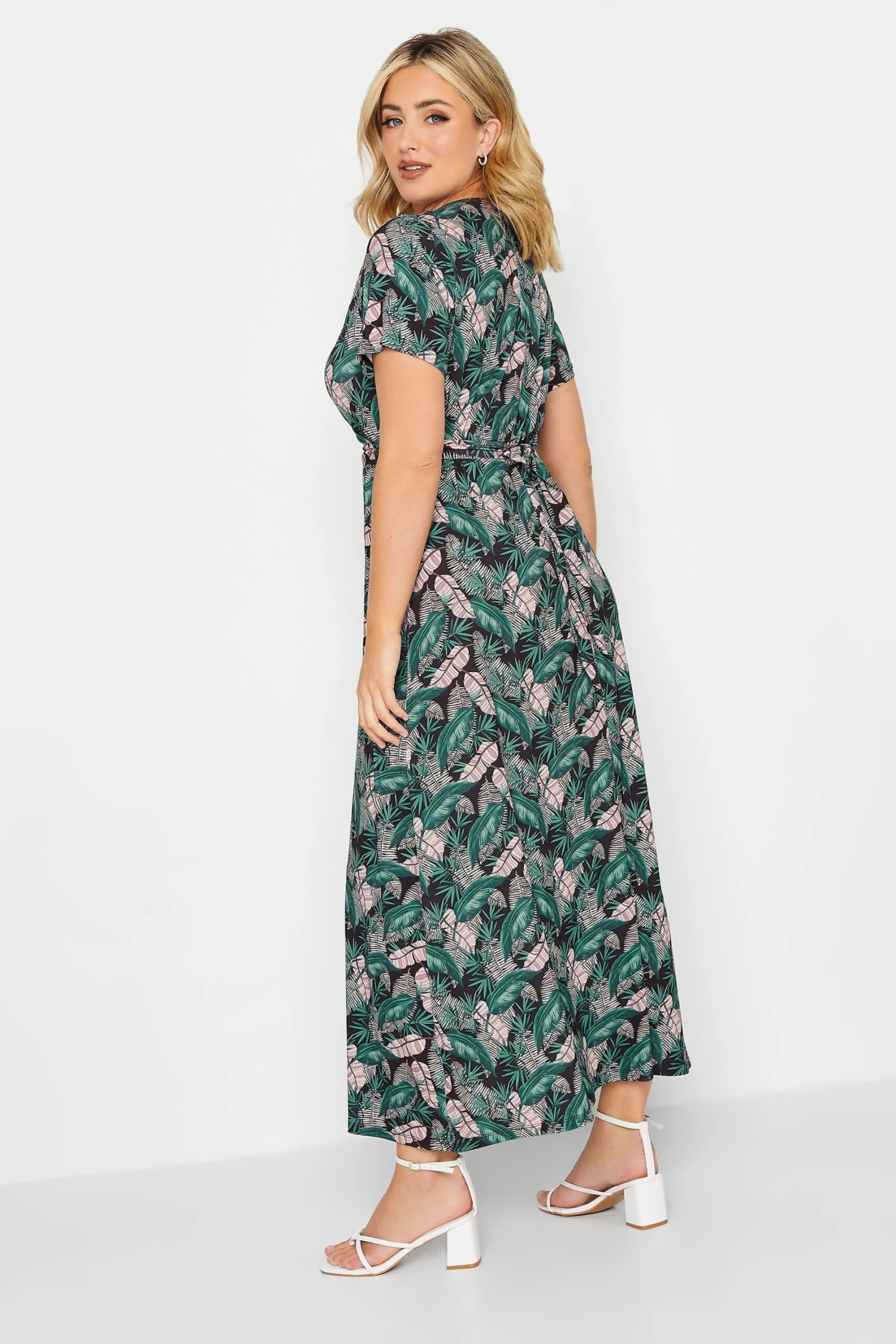 YOURS Curve Black Leaf Print Maxi Wrap Dress 2 YOURS Curve Black Leaf Print Maxi Wrap Dress - Image 2