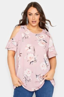 YOURS LONDON Curve Pink Floral Frill Cold Shoulder Top -Luna Looks Zone b4ab475d 4e62 4d 162157 D