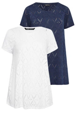 YOURS 2 PACK Curve Navy Blue & White Broderie Anglaise Swing Tops -Luna Looks Zone b7bd3ede e579 48 321082 XS