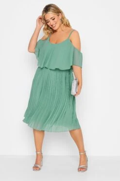 YOURS LONDON Curve Green Pleated Overlay Midi Dress