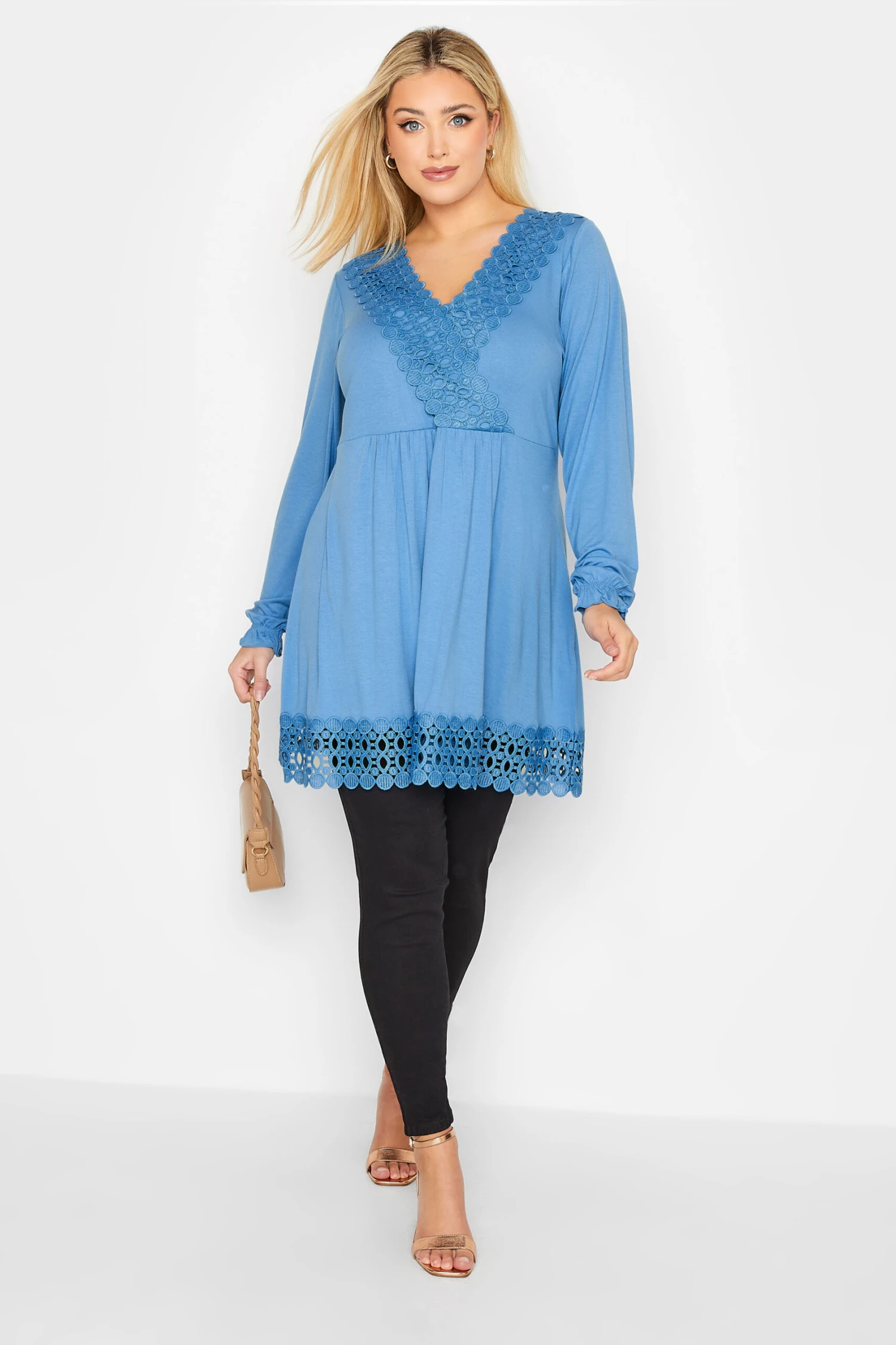 YOURS Curve Blue Crochet Long Sleeve Tunic Top 2 YOURS Curve Blue Crochet Long Sleeve Tunic Top - Image 2