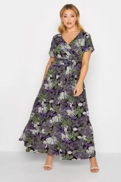 YOURS Curve Purple & Green Leaf Print Maxi Dress