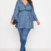 YOURS LONDON Curve Blue Dalmatian Ruffle Wrap Top