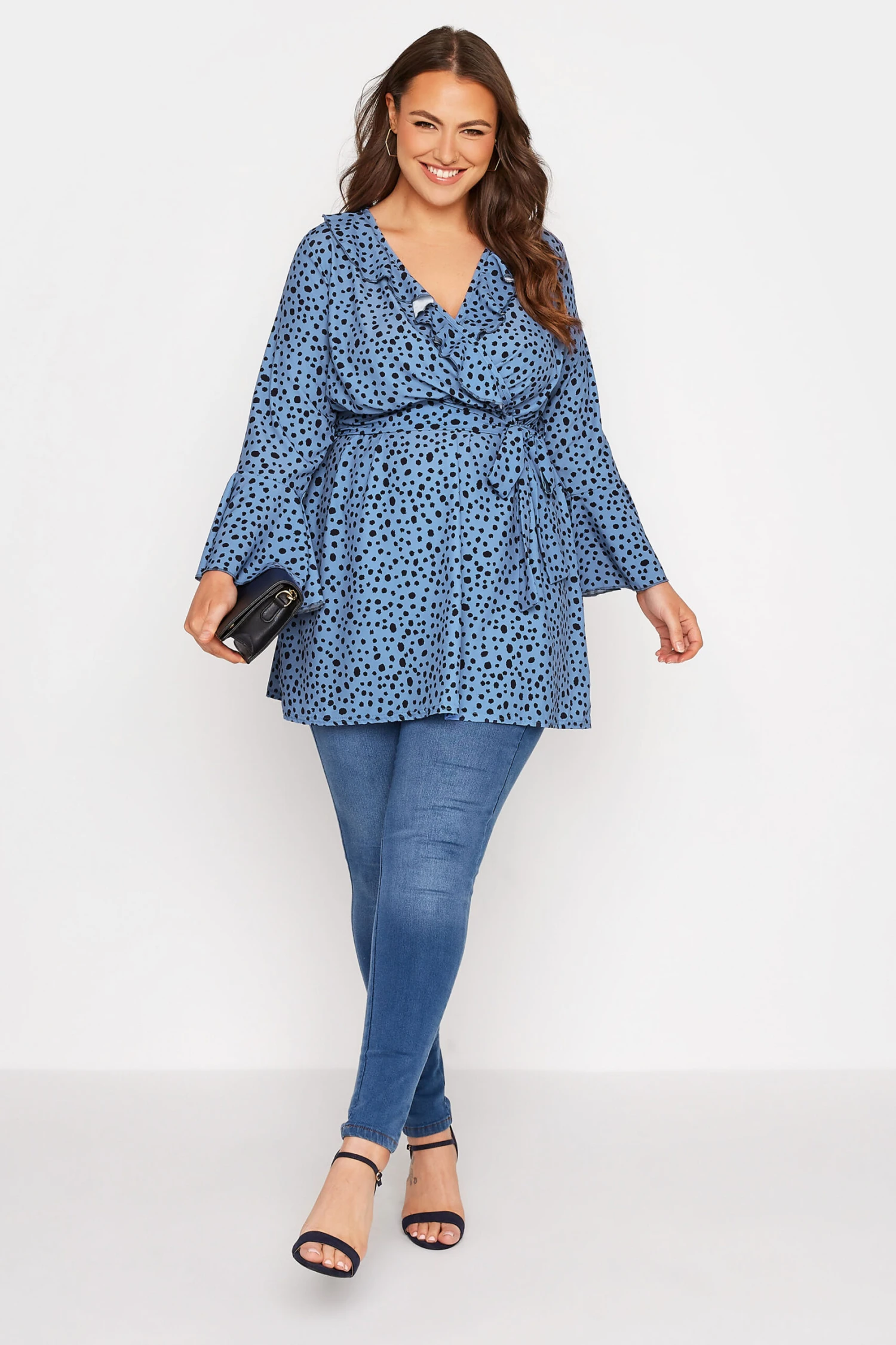 YOURS LONDON Curve Blue Dalmatian Ruffle Wrap Top 1 YOURS LONDON Curve Blue Dalmatian Ruffle Wrap Top