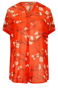 YOURS Curve Orange Floral Half Placket Shirt -Luna Looks Zone bbeffc3e 5da5 47 131954 X