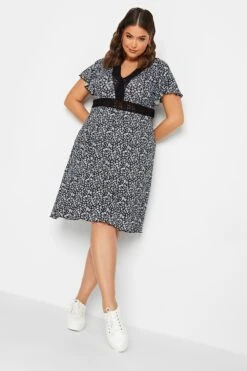 YOURS Curve Black Ditsy Print Lace Detail Dress