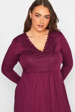 YOURS Curve Dark Pink Crochet Trim Long Sleeve Tunic Top -Luna Looks Zone c030c38c d5b3 4e 320338 D