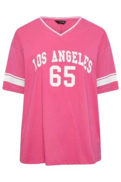 YOURS Curve Hot Pink 'Los Angeles' Slogan Varsity T-Shirt -Luna Looks Zone c0da5da2 08ae 4e 320910 X