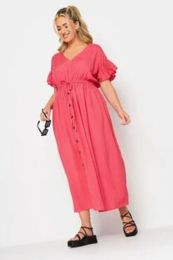 LIMITED COLLECTION Curve Coral Pink Frill Sleeve Cotton Maxi Dress