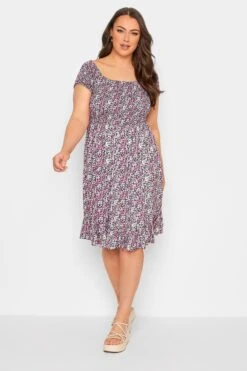 YOURS Curve Pink Floral Ditsy Shirred Midi Dress
