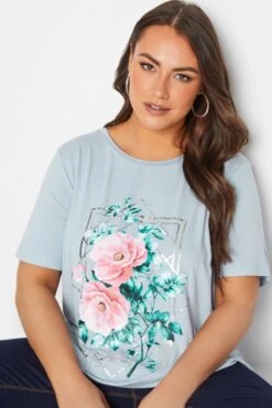 YOURS Curve Light Blue Floral Foil Print T-Shirt -Luna Looks Zone c426e67b c025 4d 302181 E