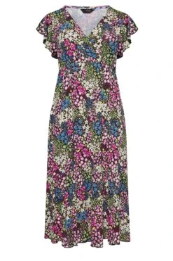YOURS Curve Black & Green Ditsy Print Frill Sleeve Wrap Maxi Dress -Luna Looks Zone c44ba0e7 76dc 4f 301889 X