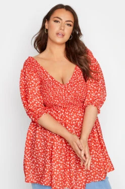 LIMITED COLLECTION Curve Red Daisy Shirred Bardot Peplum Blouse -Luna Looks Zone c54c7852 1451 4c 214425 D