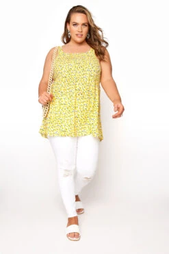 YOURS Curve Yellow Floral Shirred Smock Vest Top