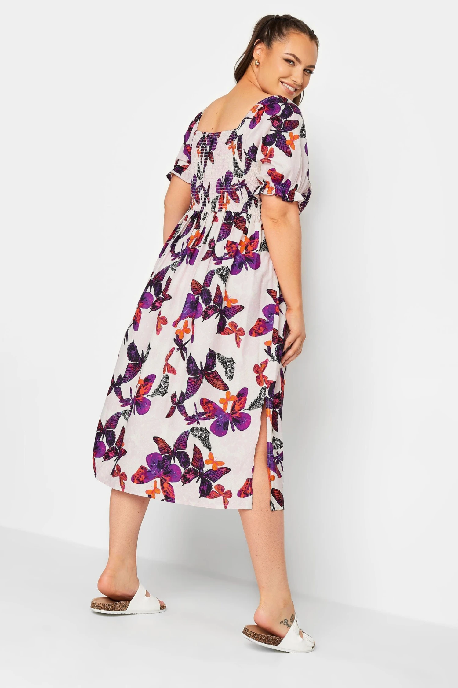 YOURS Curve Light Pink Butterfly Print Shirred Midaxi Dress 2 YOURS Curve Light Pink Butterfly Print Shirred Midaxi Dress - Image 2