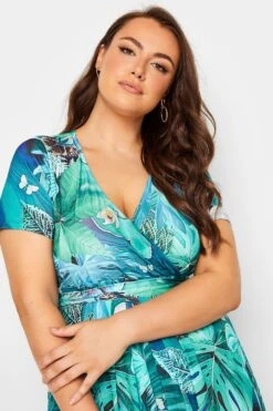 YOURS Curve Blue Leaf Print Wrap Neck Dress -Luna Looks Zone c77fff8e 0539 40 302294 D