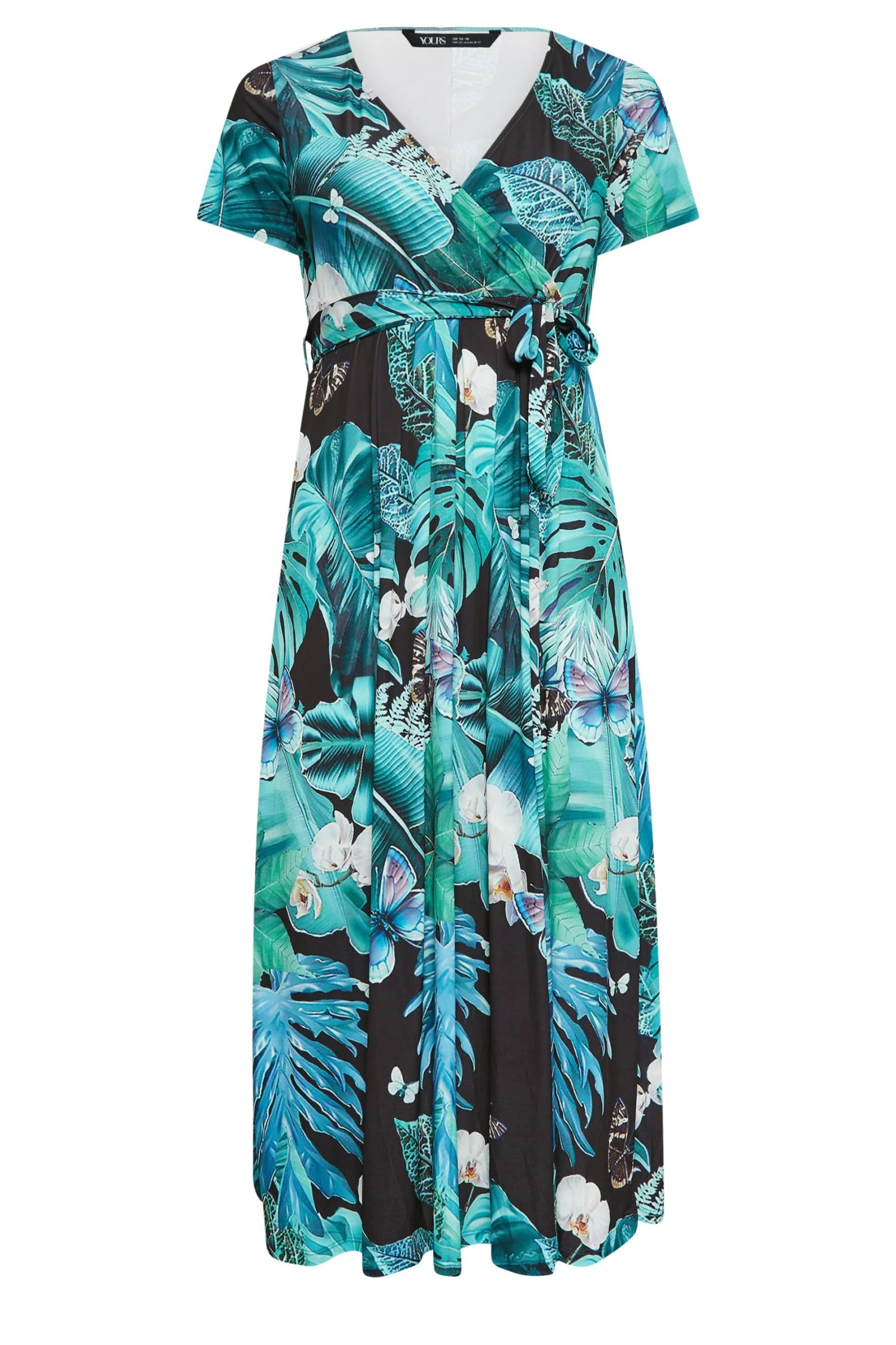 YOURS Curve Black & Blue Leaf Print Wrap Neck Dress 5 YOURS Curve Black & Blue Leaf Print Wrap Neck Dress - Image 5