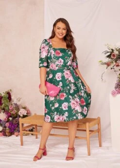 YOURS LONDON Curve Green Floral Square Neck Dress -Luna Looks Zone c80d4035 001c 4b 161733 L