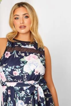 YOURS LONDON Curve Navy Blue & Pink Floral Mesh Panel Skater Dress -Luna Looks Zone c8ceaa4c ec8f 4b 162041 D