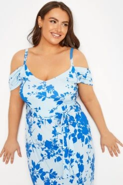 YOURS LONDON Curve Blue Floral Cold Shoulder Maxi Dress -Luna Looks Zone c96c1d99 ca32 4c 161531 D