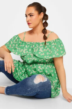 LIMITED COLLECTION Curve Green Floral Frill Cold Shoulder Top -Luna Looks Zone cb50391c 8d3c 46 215516 D