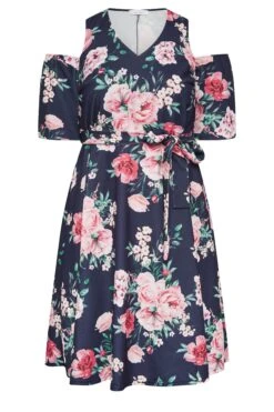 YOURS LONDON Curve Navy Blue Floral Cold Shoulder Skater Dress -Luna Looks Zone cb98a2f1 122e 4d 162148 X