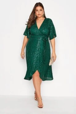 YOURS LONDON Curve Green Sequin Embellished Double Wrap Dress