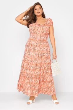Curve Orange Floral Print Bardot Maxi Dress