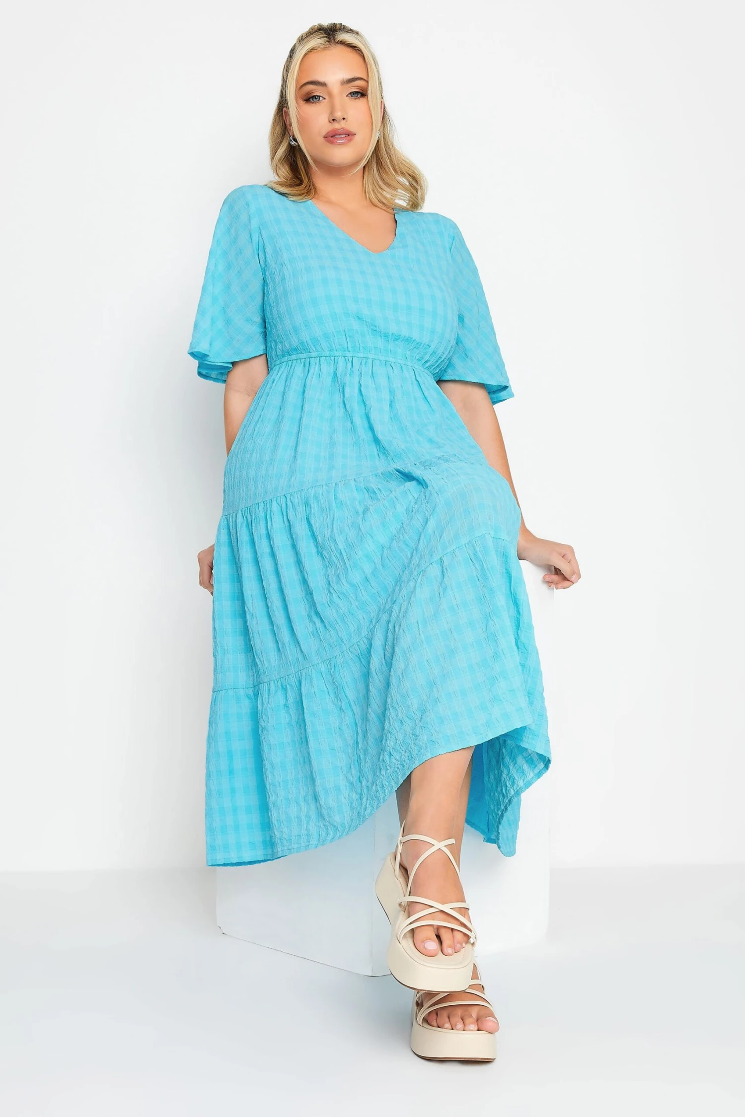 LIMITED COLLECTION Curve Aqua Blue Textured Tiered Smock Dress 1 LIMITED COLLECTION Curve Aqua Blue Textured Tiered Smock Dress