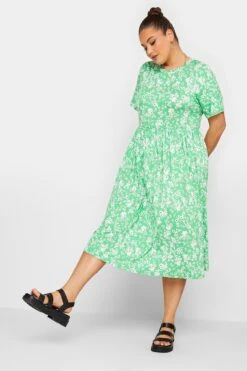 YOURS Curve Bright Green Ditsy Floral Smock Dress
