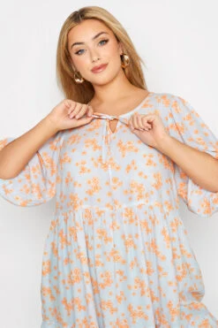 YOURS Curve Blue Floral Tie Neck Smock Top -Luna Looks Zone d26b9715 f63d 4e 173756 D