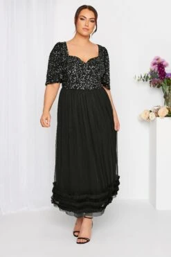 LUXE Curve Black Sequin Sweetheart Ruffle Maxi Dress