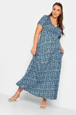 YOURS Curve Blue Ditsy Floral V-Neck Midaxi Dress