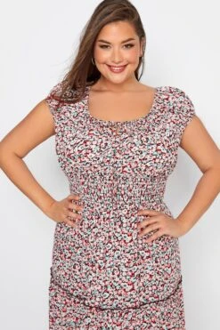 Curve White & Orange Ditsy Print Bardot Maxi Dress -Luna Looks Zone d37c35f6 93ac 40 137134 D